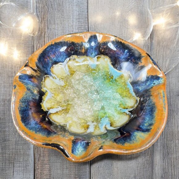 Down To Earth Pottery Crystalline Crackled Glaze Trinket Dish Holder USA Made - Picture 1 of 12